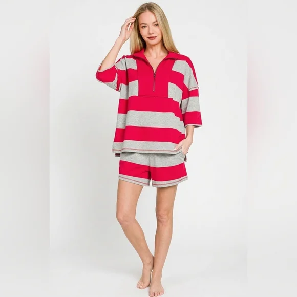 Zenana Frenchterry Striped Half Zip Top & Shorts Set - Picture 2 of 6